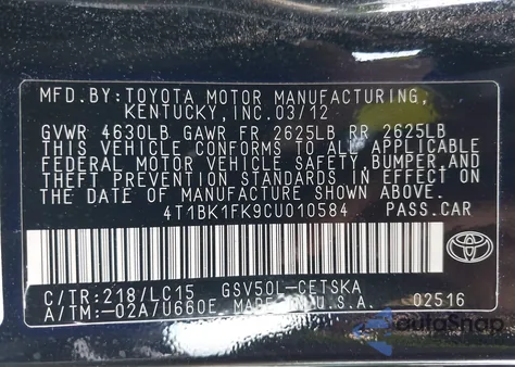 2012 Toyota Camry Se V6 z USA, uszkodzony, nr VIN 4T1BK1FK9CU010584